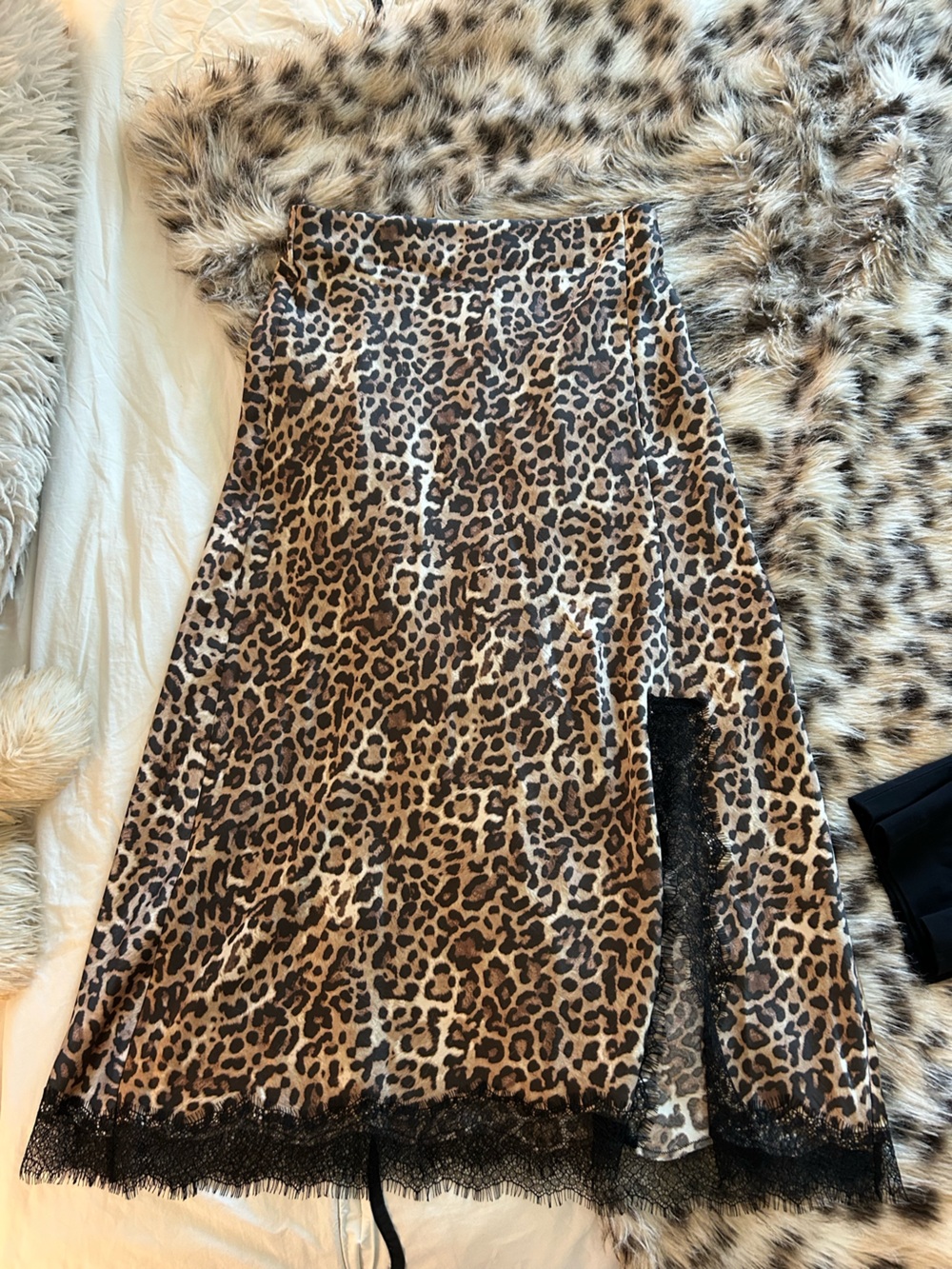LOFT Satin Leopard Print Lace Trim Midi Skirt Size Small
